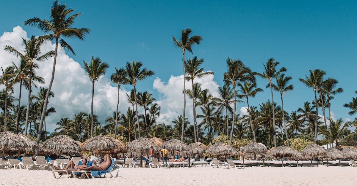Plage tropicale de Punta Cana avec palmiers et vacanciers, coûts d'itinérance pour les Canadiens