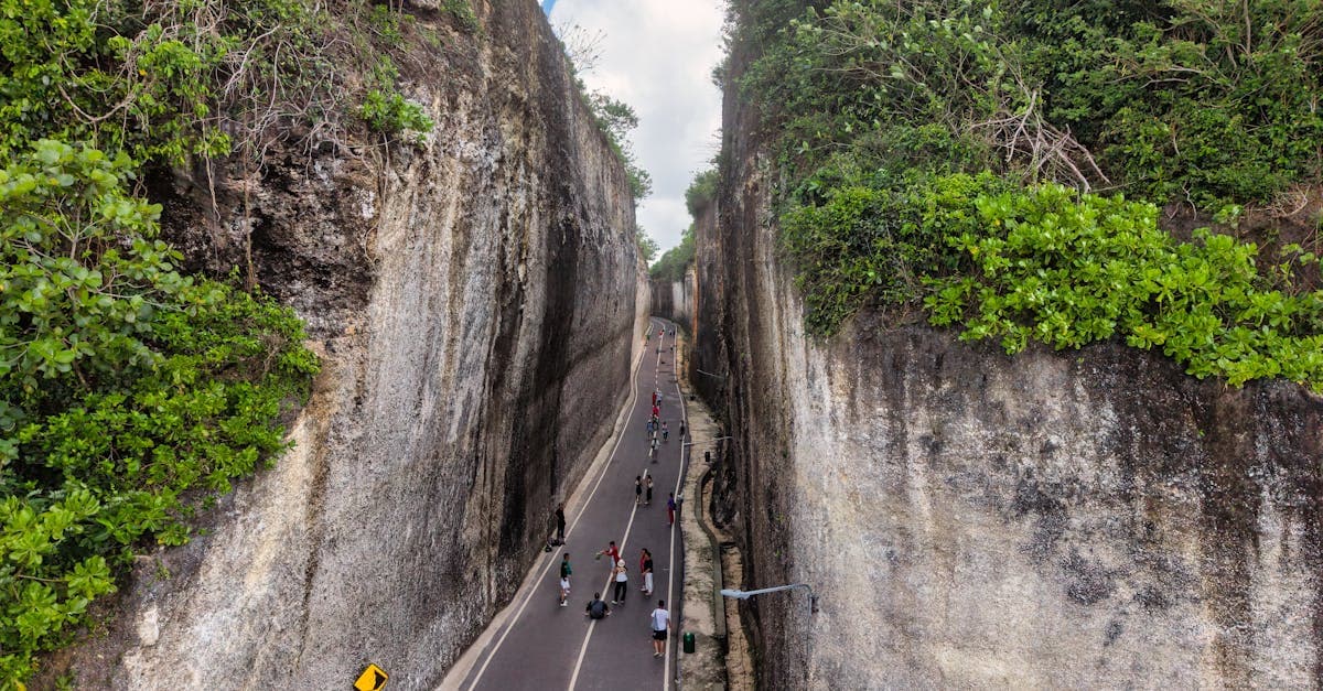 Aerial view of a hidden jungle gorge path in Bali with visitors walking among dense greenery