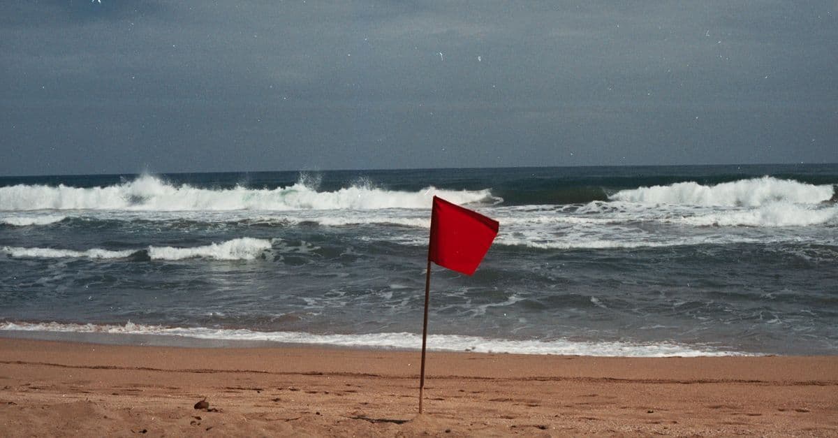 A red flag on a beach in Costa Rica warns swimmers of dangerous surf as big waves break offshore.