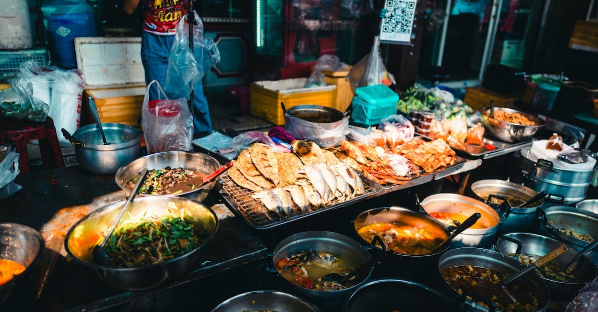 Authentic Bangkok street food thailand market with diverse stalls showcasing traditional Thai culinary offerings.