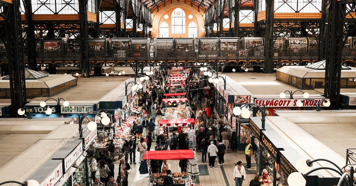 Die Große Markthalle – eine der beliebtesten Budapest Sehenswürdigkeiten für Kulinarik-Fans, von oben fotografiert