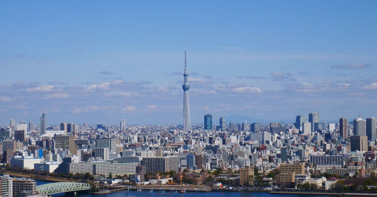 Tokyo Skytree dominates an aerial view of Tokyo's vast cityscape under a clear blue sky.