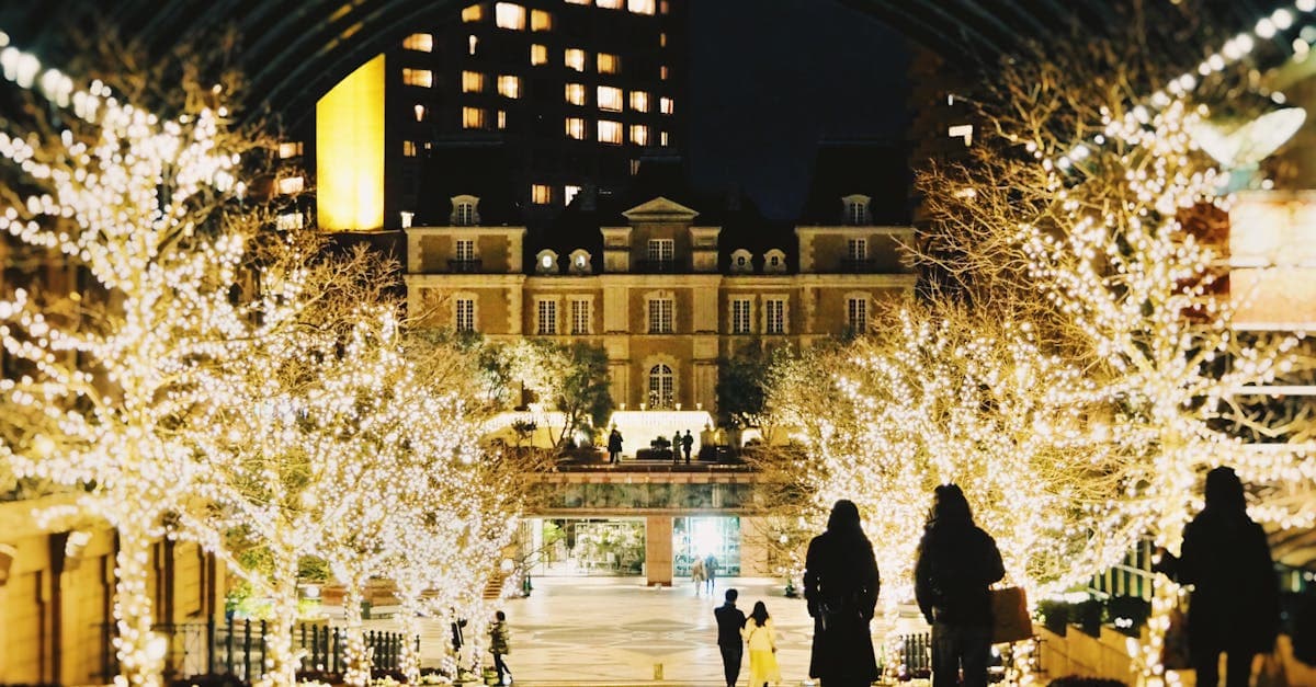 冬の東京の夜空を彩るクリスマスマーケットの幻想的なイルミネーションと人々のシルエット