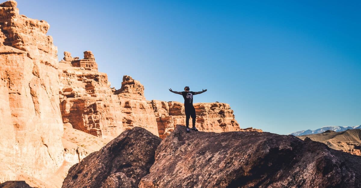 Un viaggiatore apre le braccia su una roccia, davanti a canyon rossastri e cielo limpido.