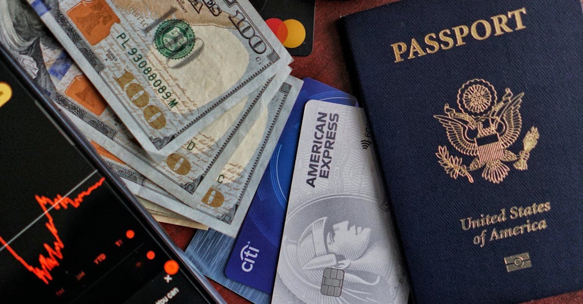 US passport, cash, and credit cards laid out, essential items when arranging travel insurance for America.