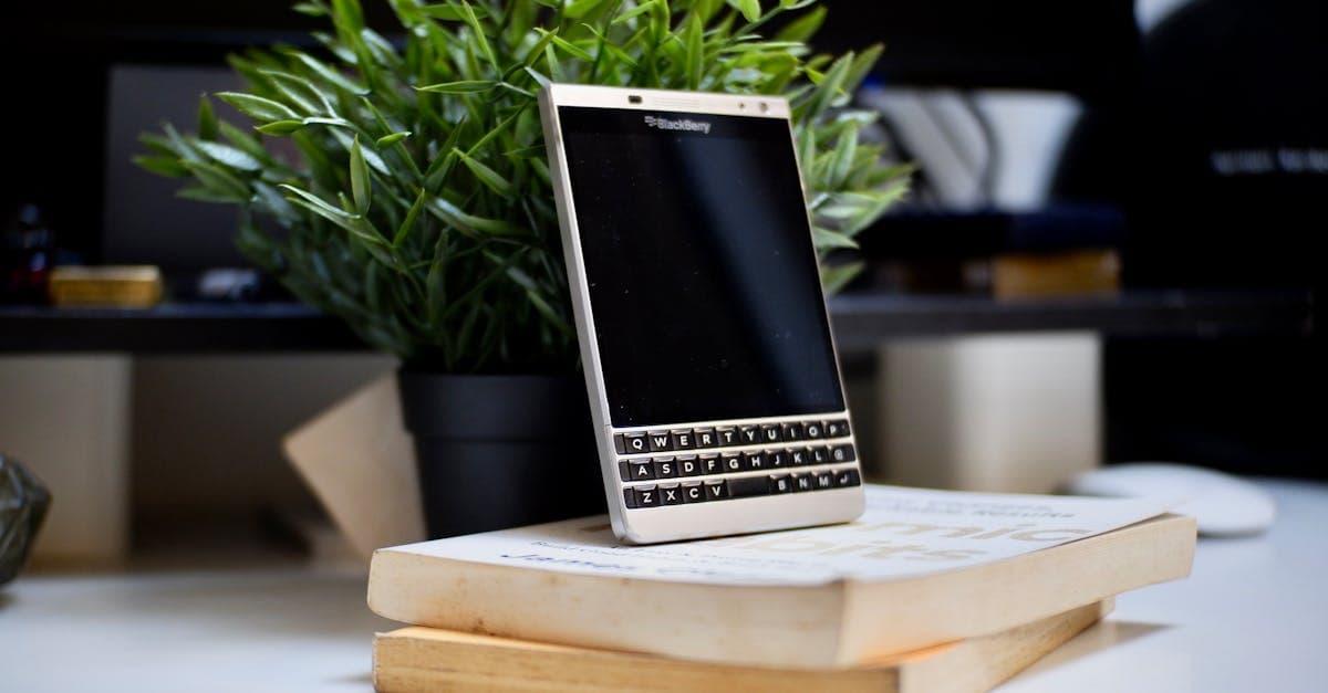 Blackberry phone propped against stacked books beside a green plant, representing a productive modern workspace.