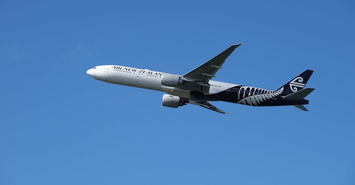 Air New Zealand aircraft in clear blue sky, comparing budget airline fares for New Zealand flights.![image