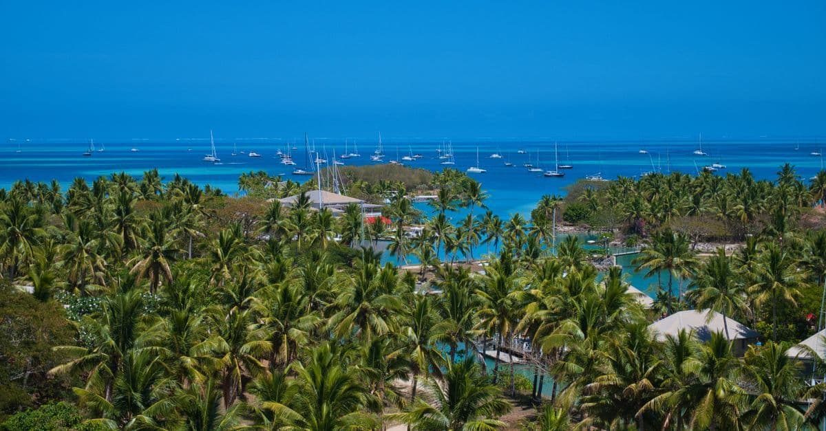 Lush Fiji island with swaying palm trees and boats moored in calm blue water during the dry season.