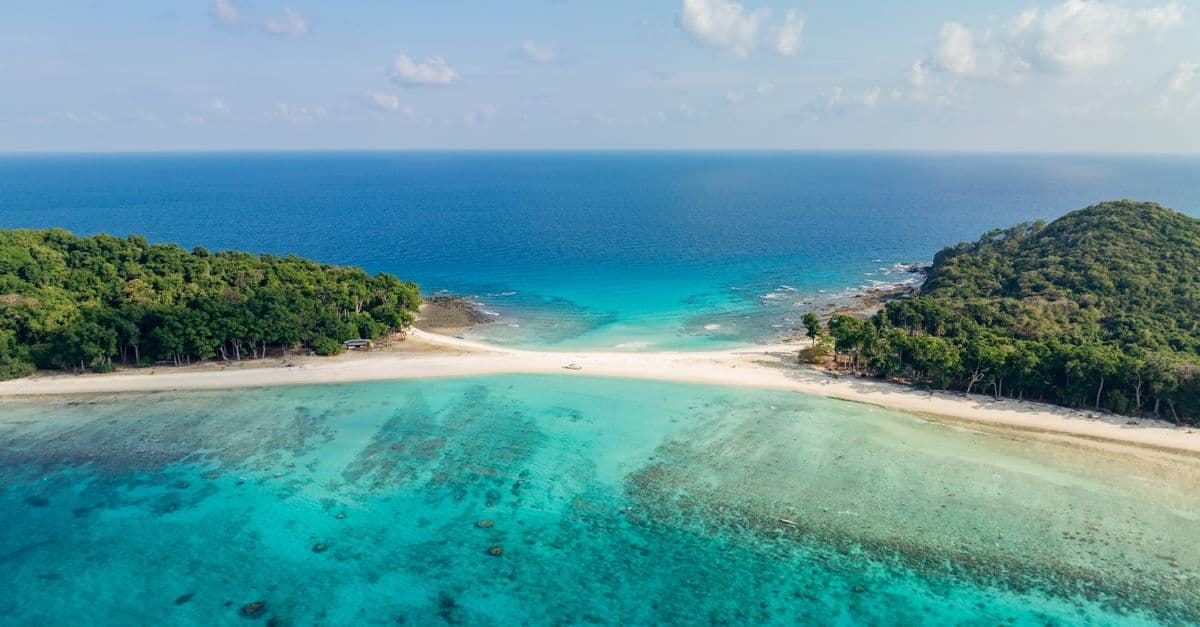 Aerial view of a turquoise lagoon between two forested shores on a sunny day.