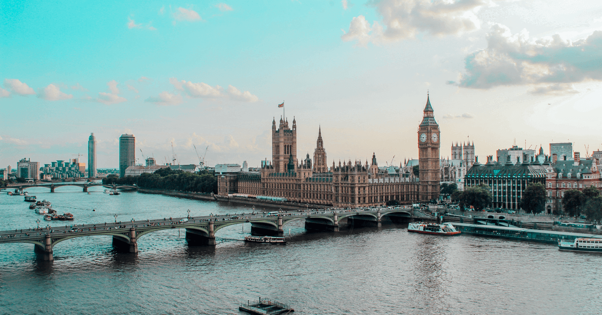 Iconic aerial view of Westminster Palace, Big Ben, and the River Thames in London, a top UK destination