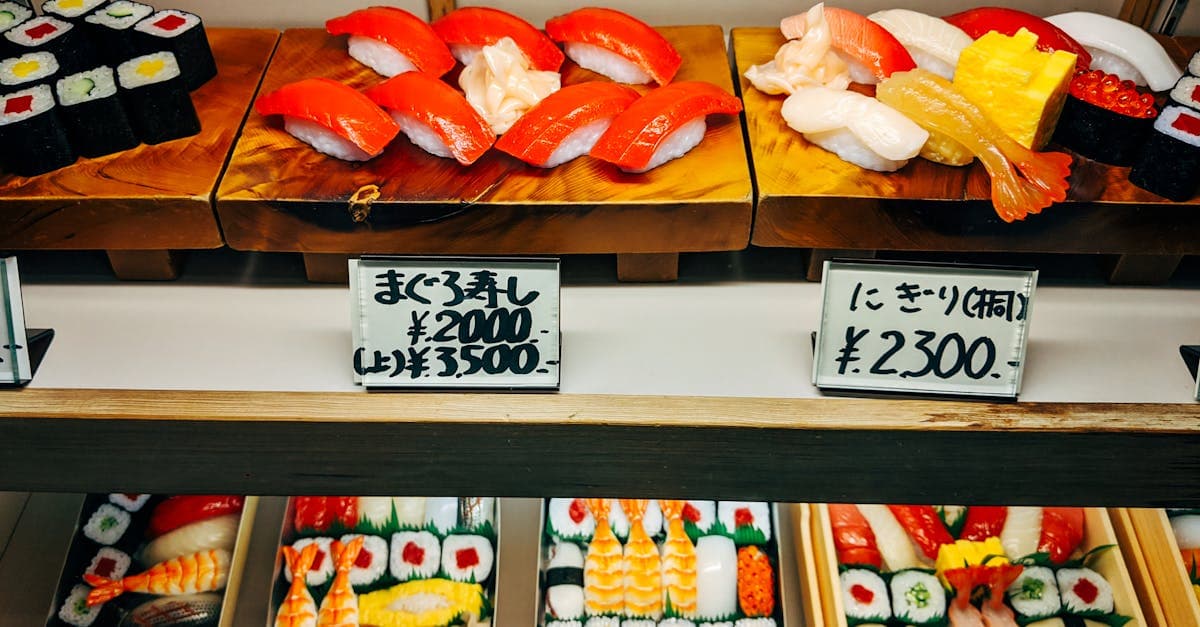 Assorted sushi and sashimi displayed at a Japanese restaurant, capturing iconic Japanese food culture