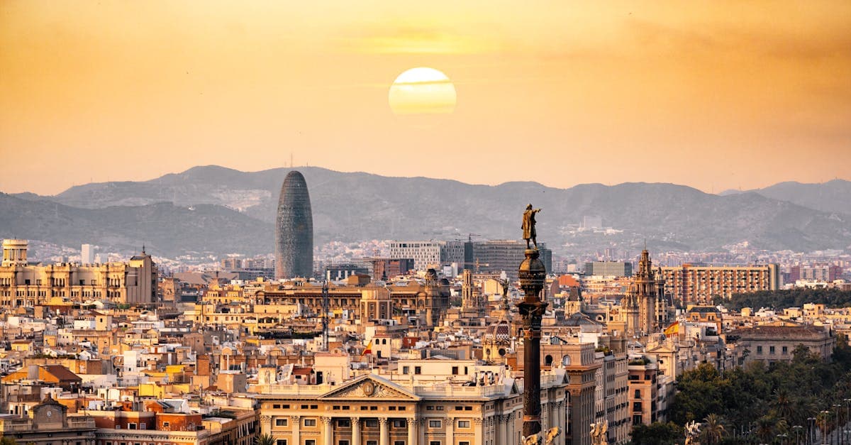 Golden hour Barcelona skyline with iconic landmarks, top destination for digital travel eSIM visa spain holders