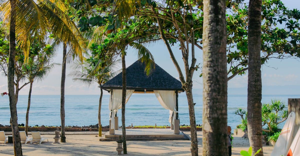 Tropical pavilion with palm trees by the beach in Bali, Indonesia, offering a serene coastal view.