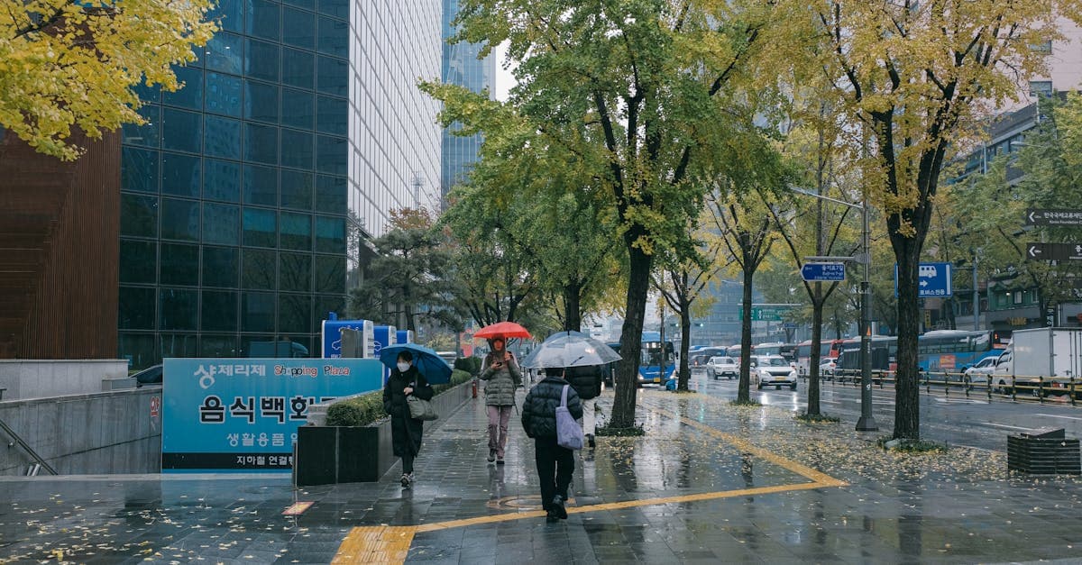ソウルの10月の降水量を連想させる、雨の日に傘を差して歩く人々と近代的な街並み