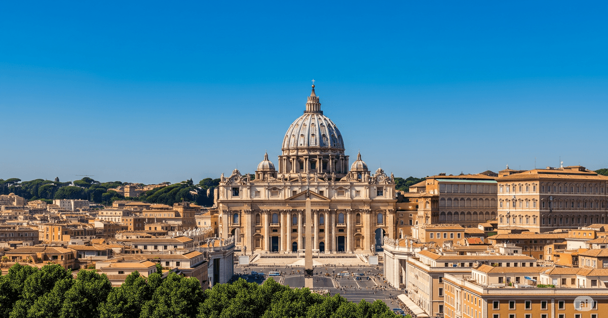 Vista aérea da Basílica de São Pedro no Vaticano, com sua icônica cúpula e arquitetura histórica
