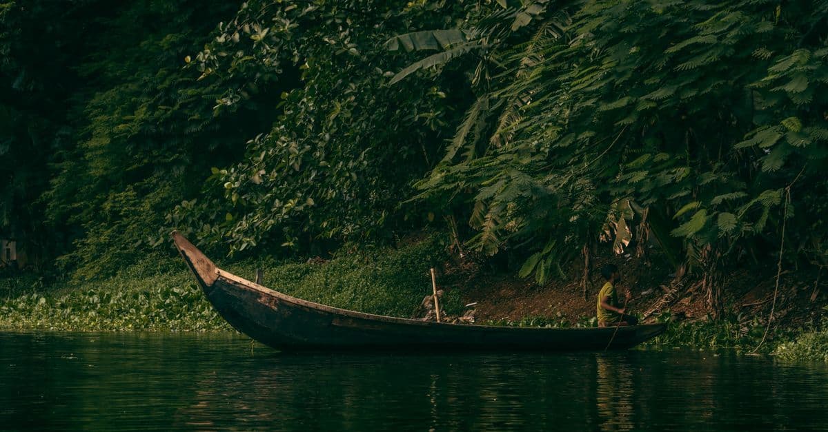 Een houten boot ligt op rustig water langs een dichtbegroeide, tropische oever.