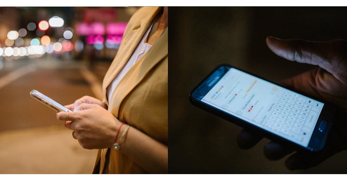 Två personer använder smartphones i en upplyst stadsmiljö om natten i Bangkok.