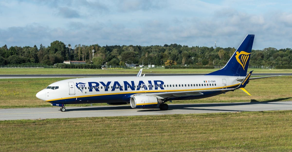 A Ryanair airplane on the runway at Hamburg Airport on a clear day.