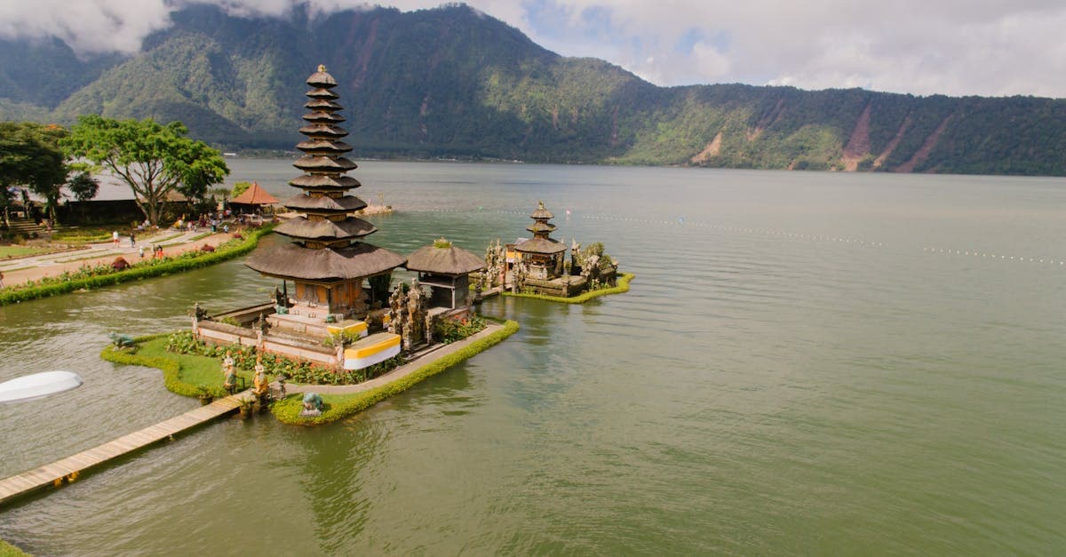 A stunning aerial view of Pura Ulun Danu Bratan Temple situated by a serene lake in the highlands of Bali, Indonesia.