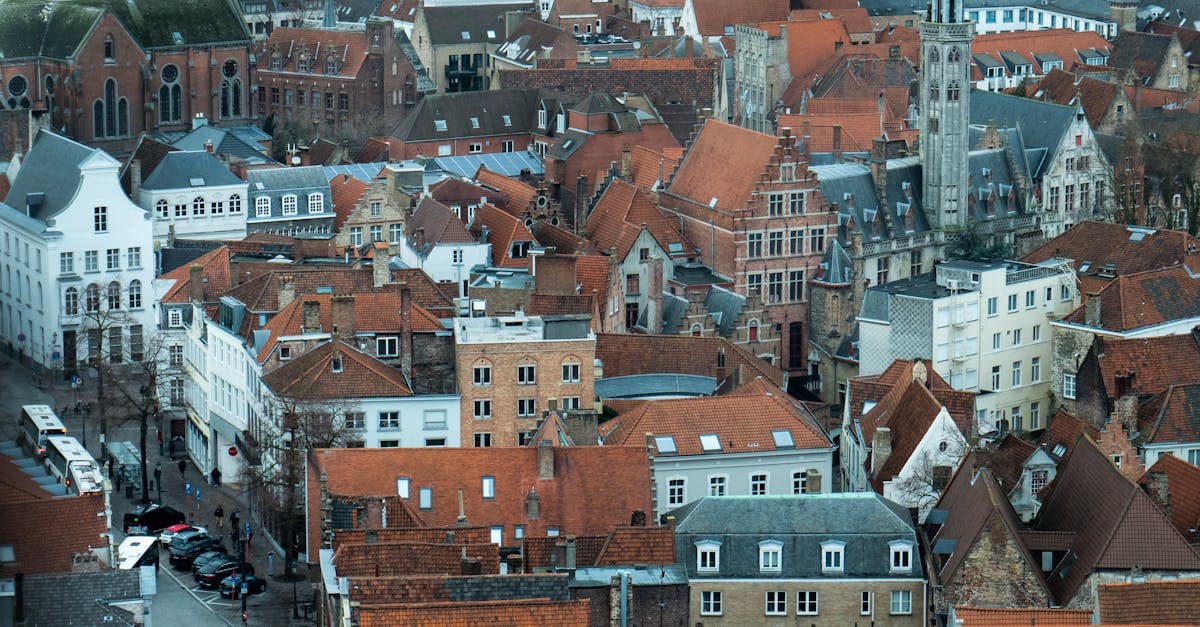 Aerial view of historic Bruges rooftops in Belgium, a charming budget travel europe destination to visit off-season