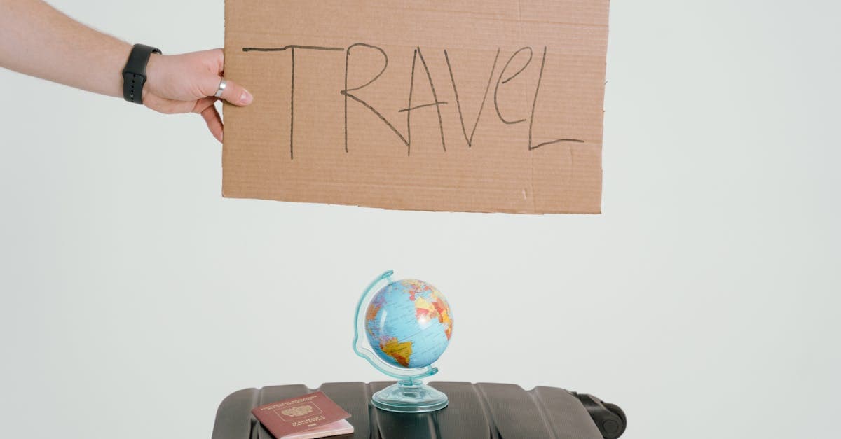 지구본과 여행 가방 위로 여행 표지판을 든 손, 해외여행 보험이 꼭 필요한 이유를 상징하는 장면