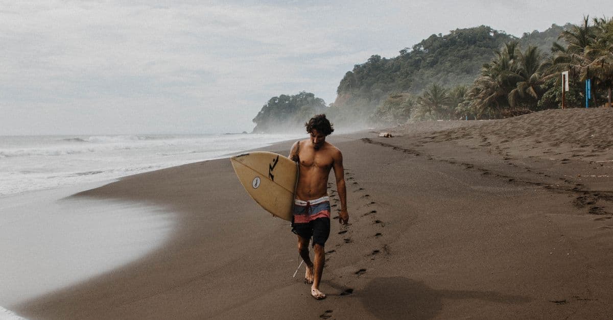 A surfer carries a board along a quiet beach beneath forested hills.