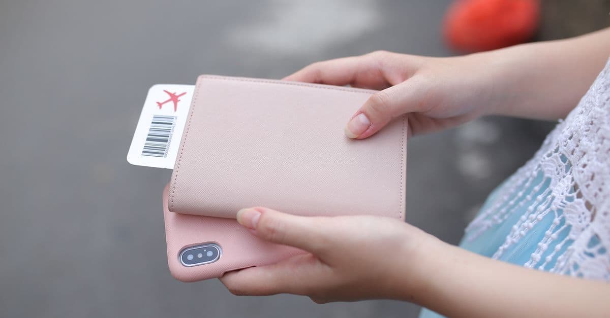 ピンクの手帳型ケースに入ったスマホと搭乗券を手に持つ手元が映り、海外での通信準備を想起させる。