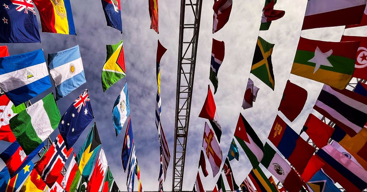 International flags flying outdoors representing the many countries covered by a Europe eSIM plan.