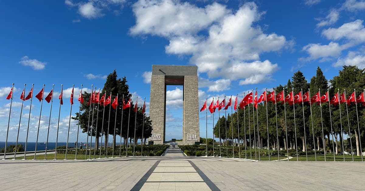 Gallipoli Monument draped in Turkish flags, symbolising Turkey's stability amid regional tensions near Iran.