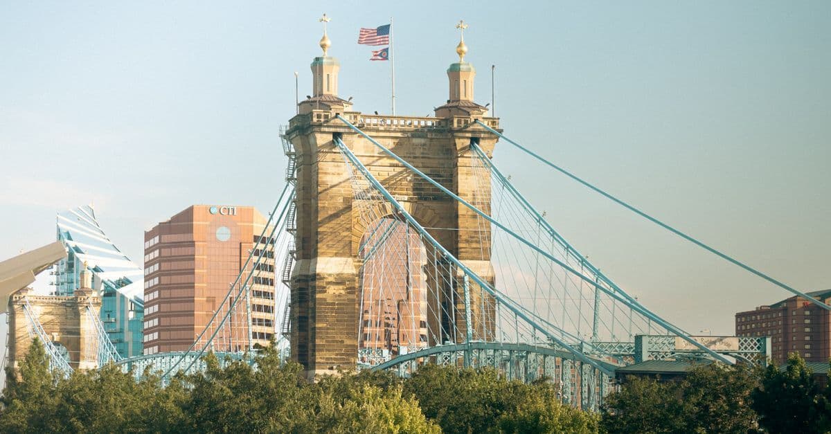 John A. Roebling Suspension Bridge over the Ohio River with Cincinnati skyline in the background