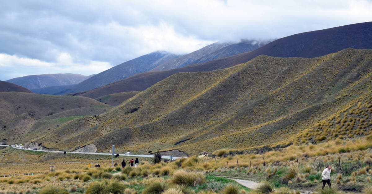 Rolling green hills of New Zealand with travelers exploring the countryside beneath dramatic cloudy skies.