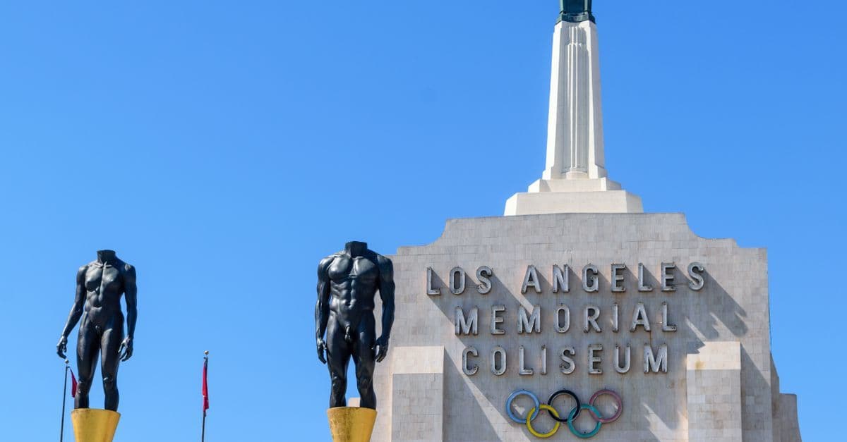 Los Angeles Memorial Coliseum's grand entrance showcasing historic architecture and its central role in the Olympics 2028 Los Angeles.