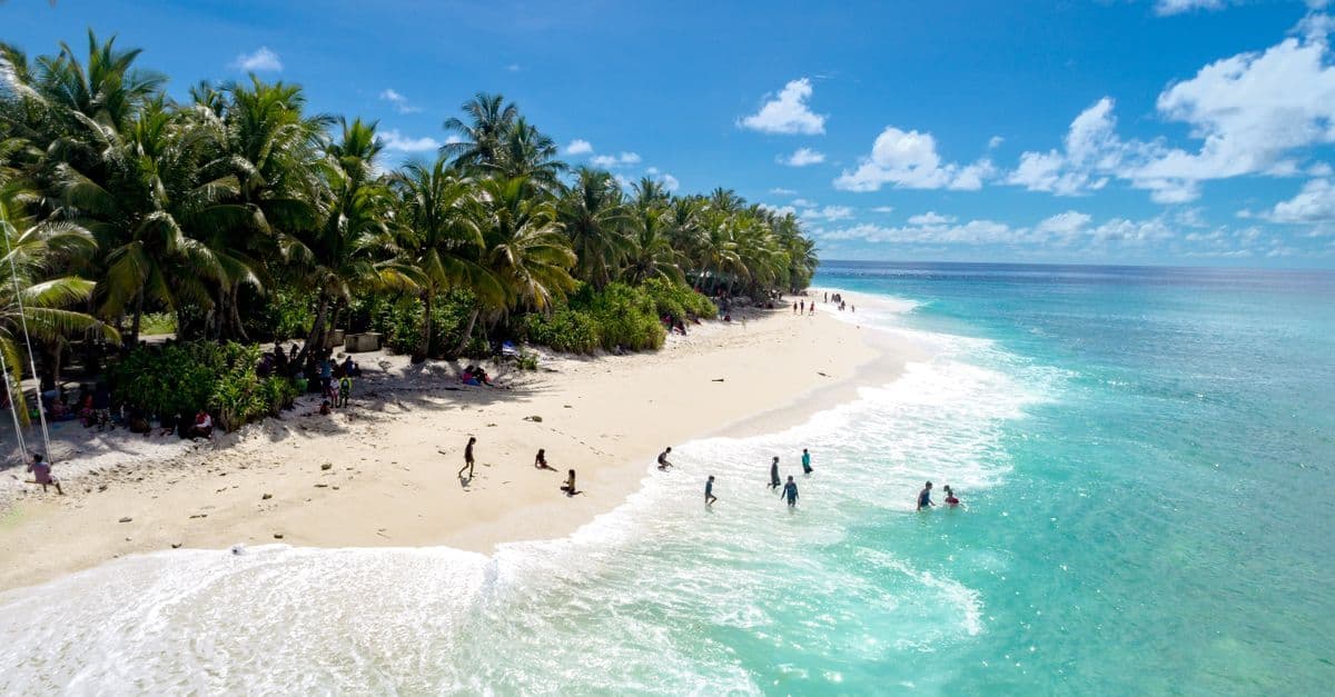 Aerial view of a tropical Maldives beach with palm trees and clear water, ideal for travel insurance planning.