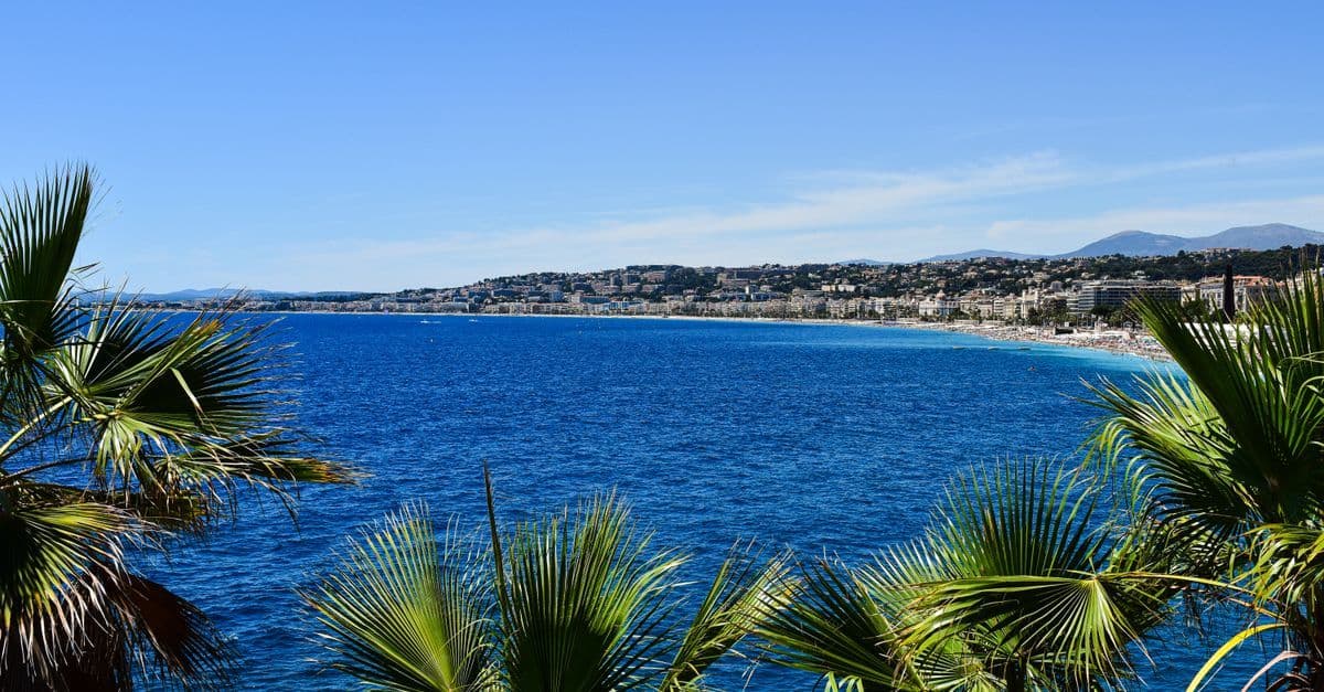 Smuk udsigt over Côte d'Azur's azurblå kyst og palmer, kun minutter fra Nice Airport.