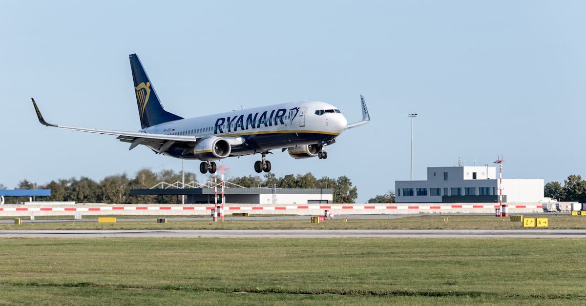 A Ryanair jetliner lands on the runway at Hamburg Airport, captured in daylight.