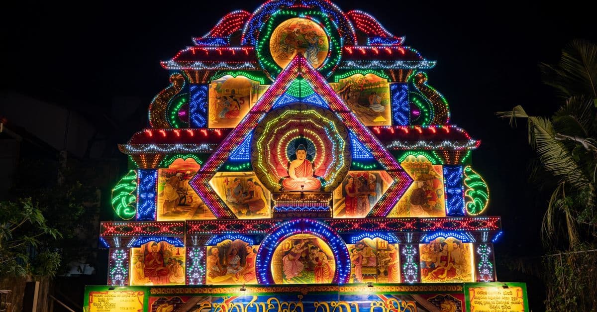 Illuminated Vesak lanterns at Gampaha during Poya day, the best time to visit Sri Lanka for Buddhist festivals
