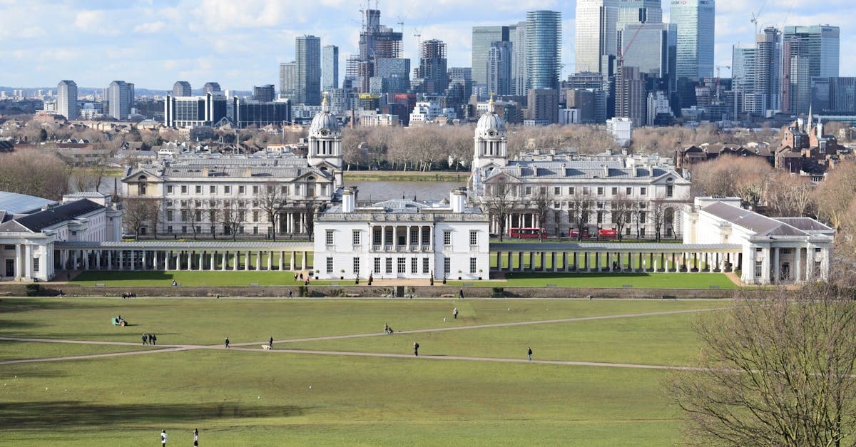 Aerial view of Greenwich Park with London skyline, one of the cheapest European city breaks from the UK