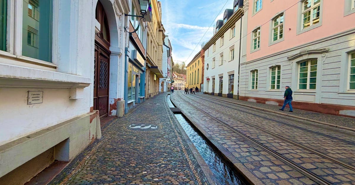 Malerische Kopfsteinpflastergasse in Freiburg mit typisch europäischer Architektur – das bedeutet im Ausland arbeiten wirklich