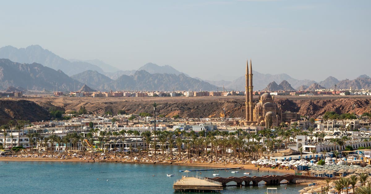 Aerial view of Sharm El-Sheikh's coastal city and mountains, a popular Red Sea resort for British tourists