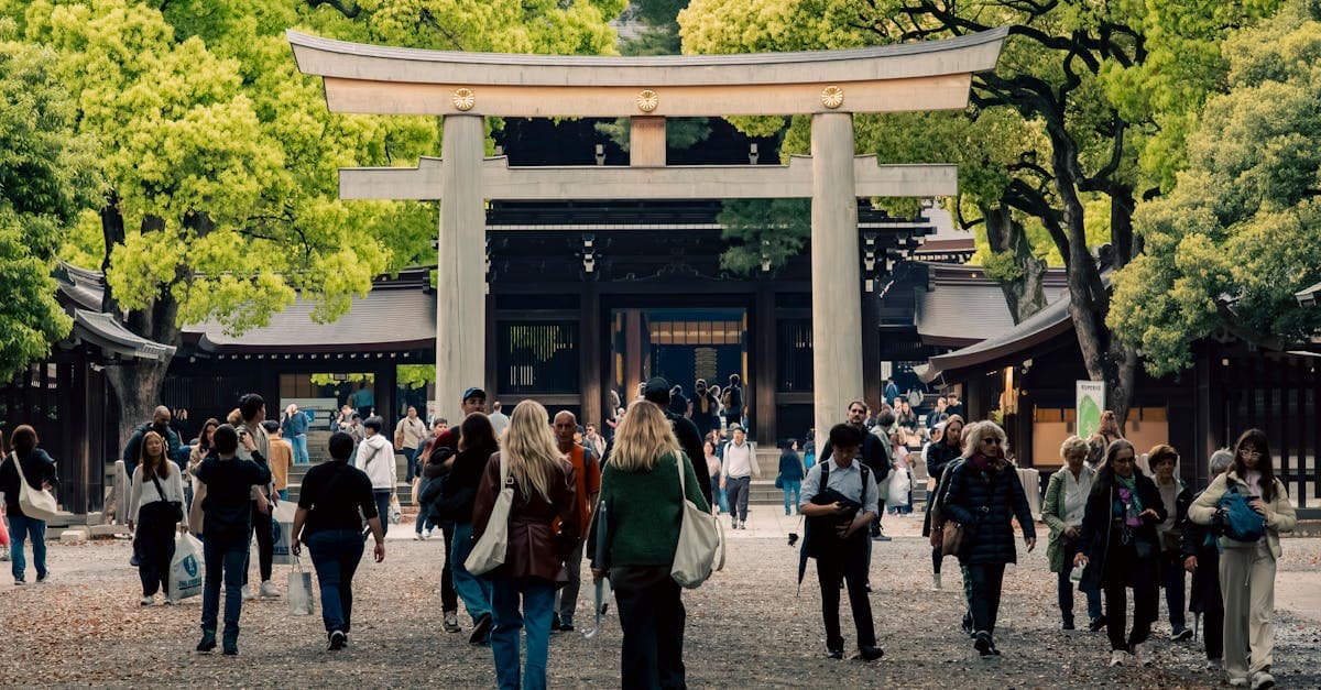 Visitors walking near a traditional torii gate in Shibuya, exploring cultural things to do in Tokyo
