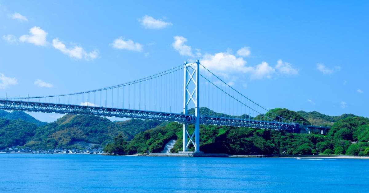 Scenic view of a suspension bridge spanning the Seto Inland Sea in bright daylight.