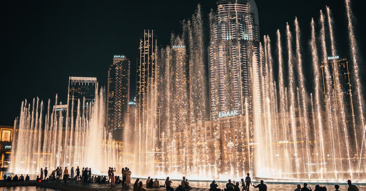 The Dubai Fountain dancing at night, one of the most spectacular free things to do in Dubai