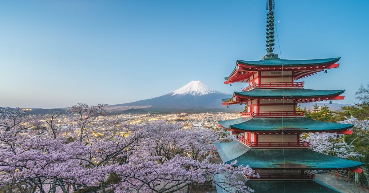 Chureito Pagoda framed by cherry blossoms with Mount Fuji in the background, a bucket-list Japan experience