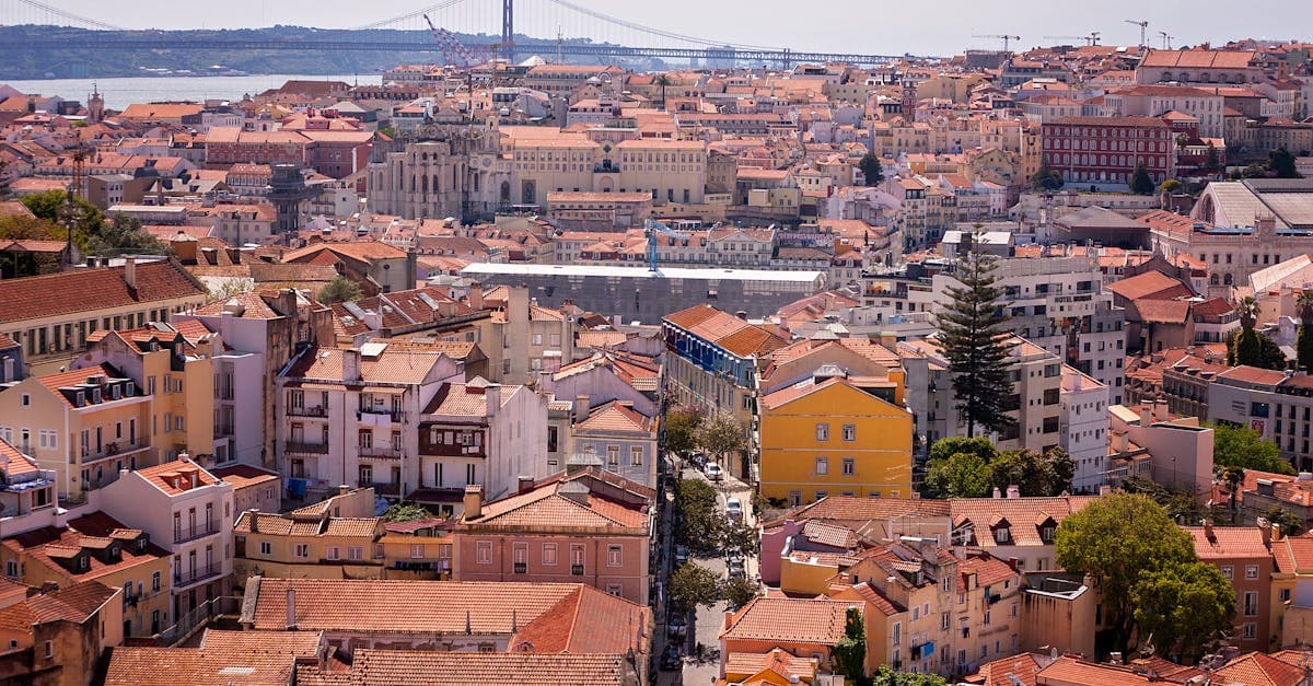 Que faire à Lisbonne : vue aérienne des toits historiques et du fleuve Tage sous un ciel lumineux.