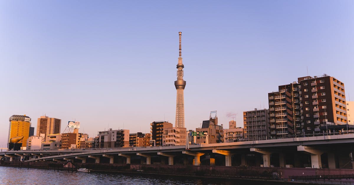 Tokyo Skytree und Tokios Stadtsilhouette in der Abenddämmerung am Ufer des Sumida-Flusses.