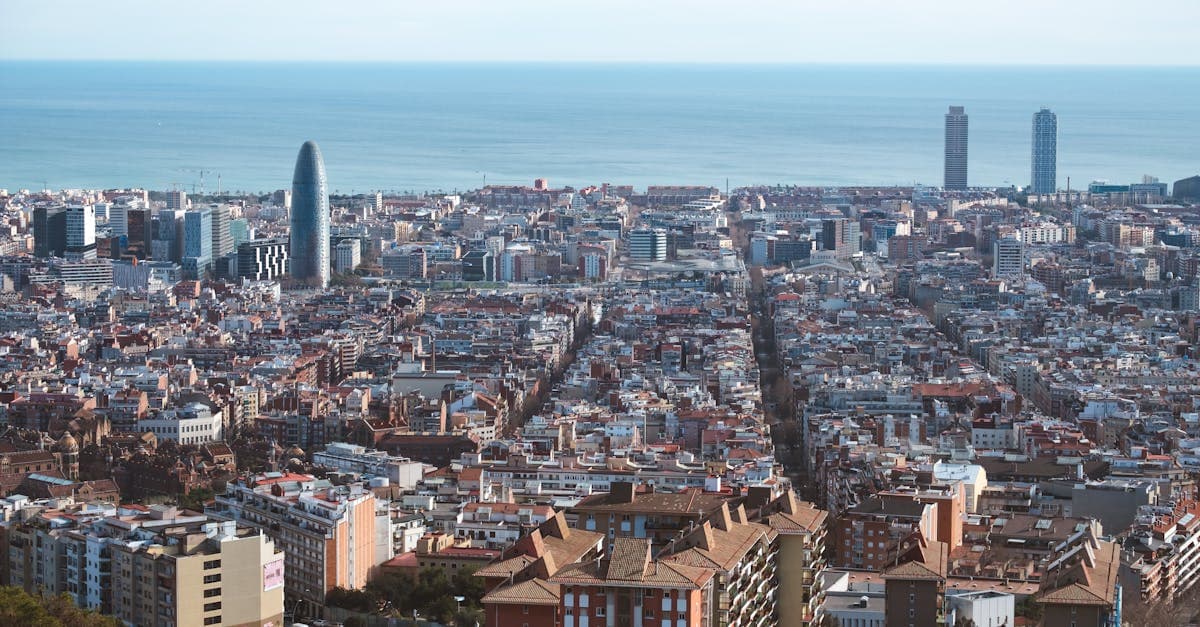 Panoramic aerial view of Barcelona's neighbourhoods and Mediterranean Sea to help decide where to stay