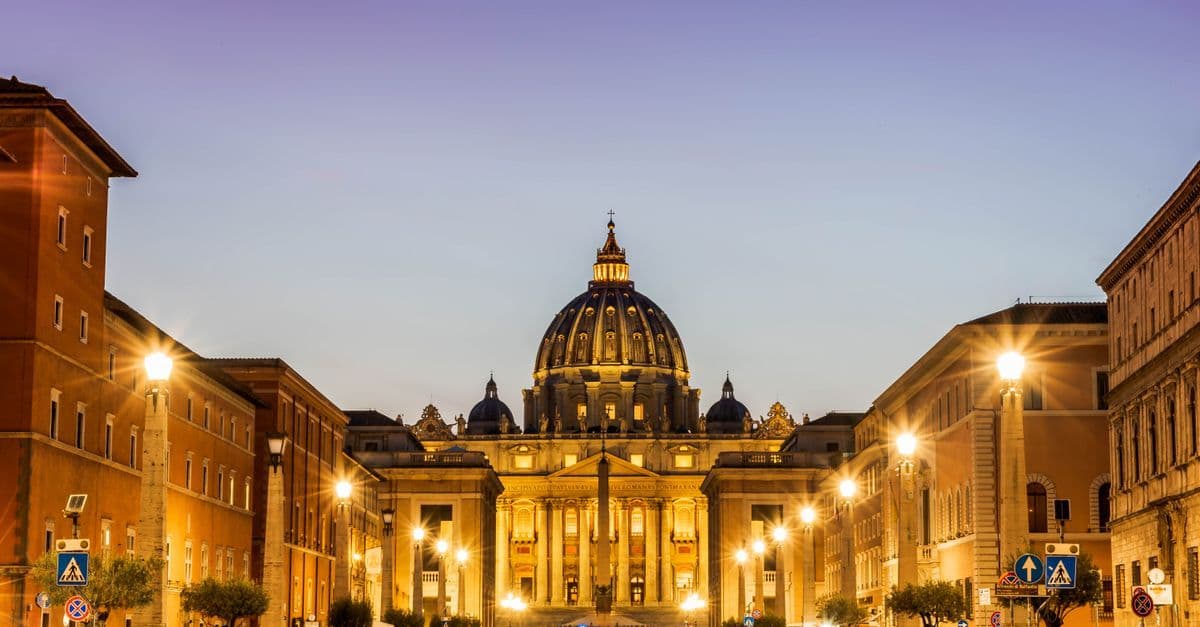 St. Peter's Basilica illuminated at twilight, a must-see among things to do in Rome