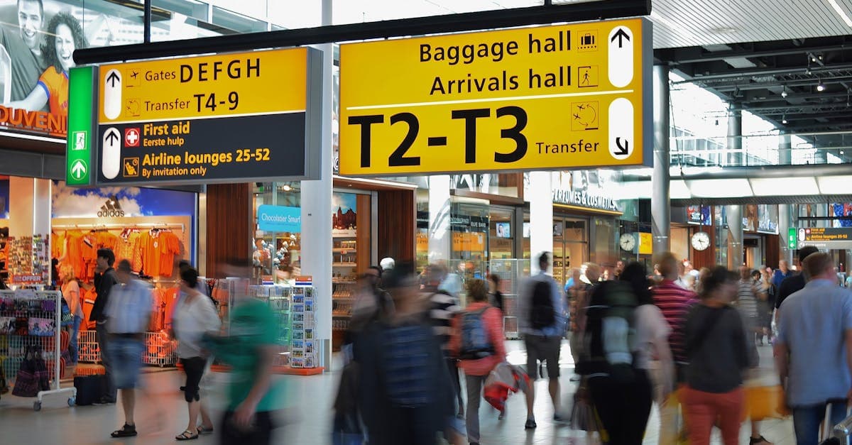 Belebtes Terminal am Flughafen Palma de Mallorca mit Hinweisschildern zu Gepäckausgabe und Ankunftshalle