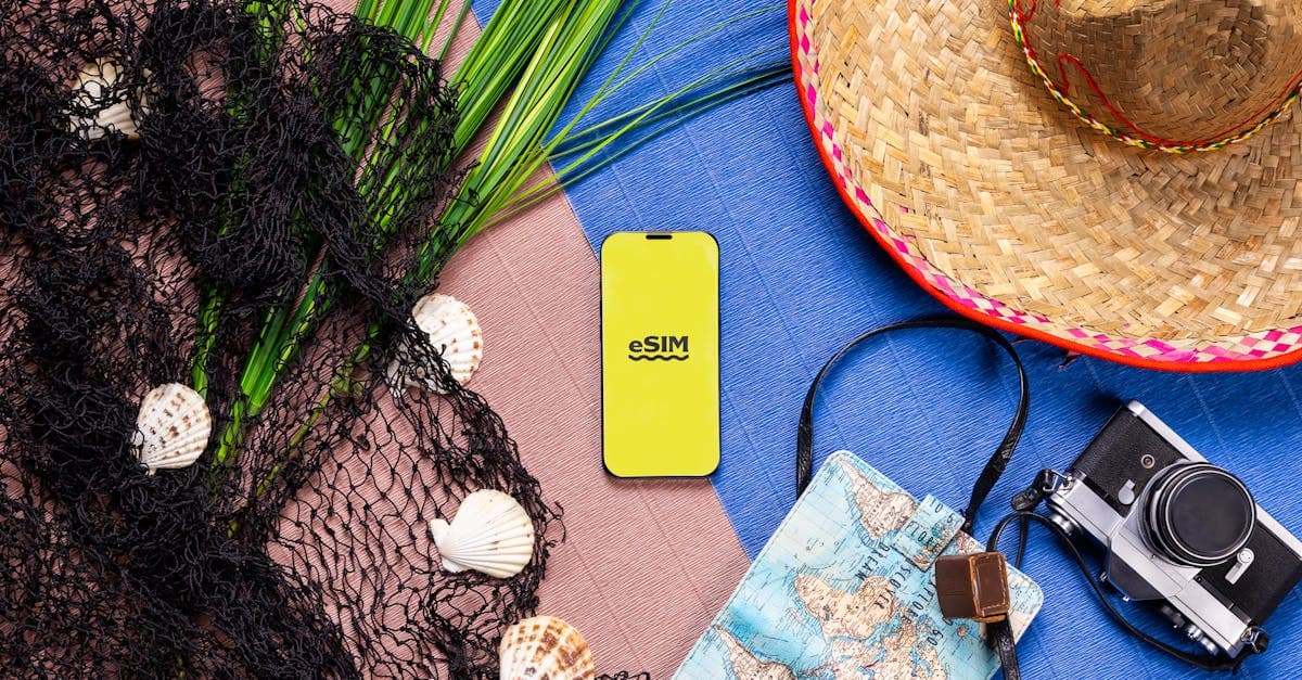 Flat lay of travel essentials including smartphone with eSIM, hat, camera and map for NZ travel.![image