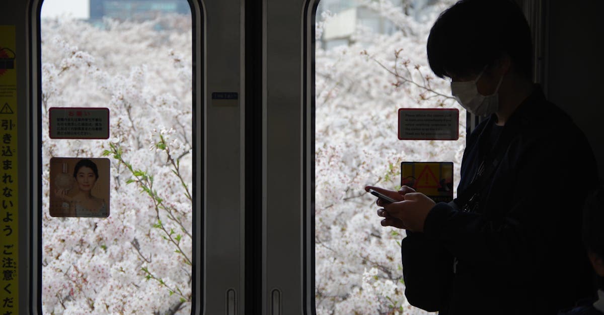 東京の電車内のシルエットと車窓の桜、日本のスマートフォンでeSIM vsモバイル通信を利用する方法